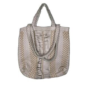 Cleobella Pink Tan Woven Leather Tote Handbag Boho Braided Straps Large Bag